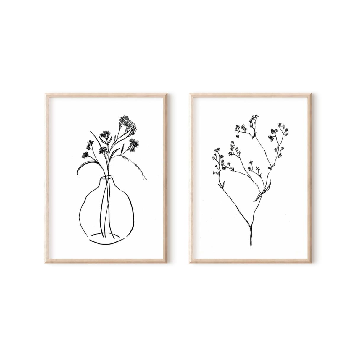 Black / White Gypsophilia Linear Ink Drawings - Print Pair A3 297 X 420Mm Emily M Art & Design – image 2