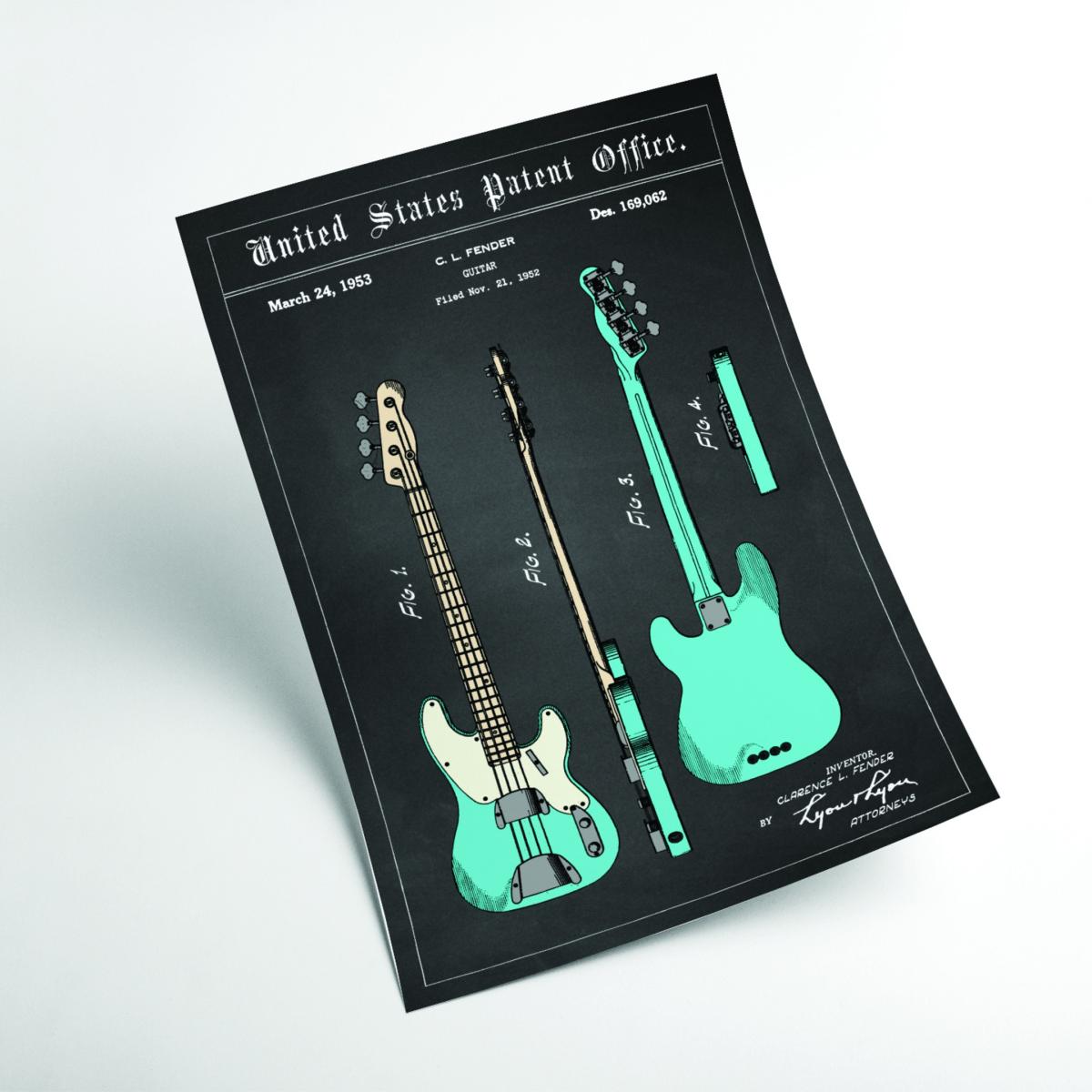 Blue Fender Bass Guitar Patent Xxs Stanley Print House – image 2