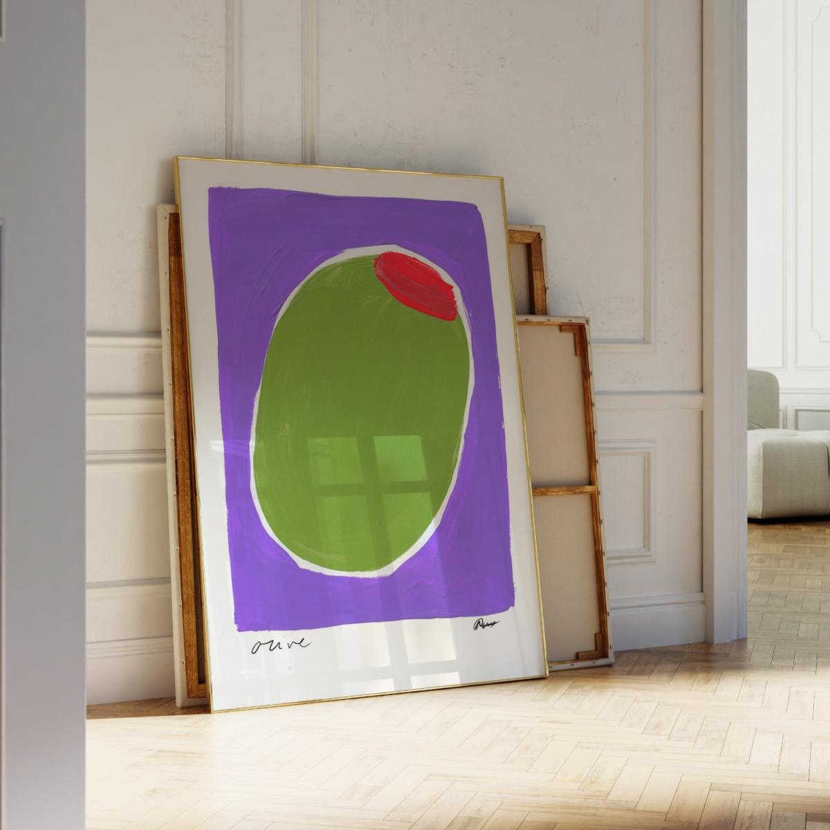 Pink / Purple / Green Olive Hand Painted Art Print - A3 | Natalie Cass Art – image 3