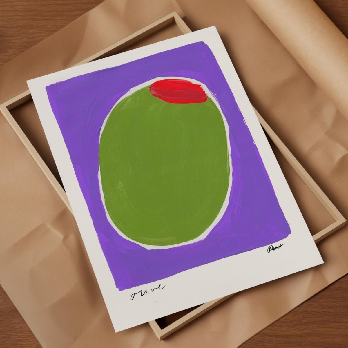 Pink / Purple / Green Olive Hand Painted Art Print - A3 | Natalie Cass Art – image 4