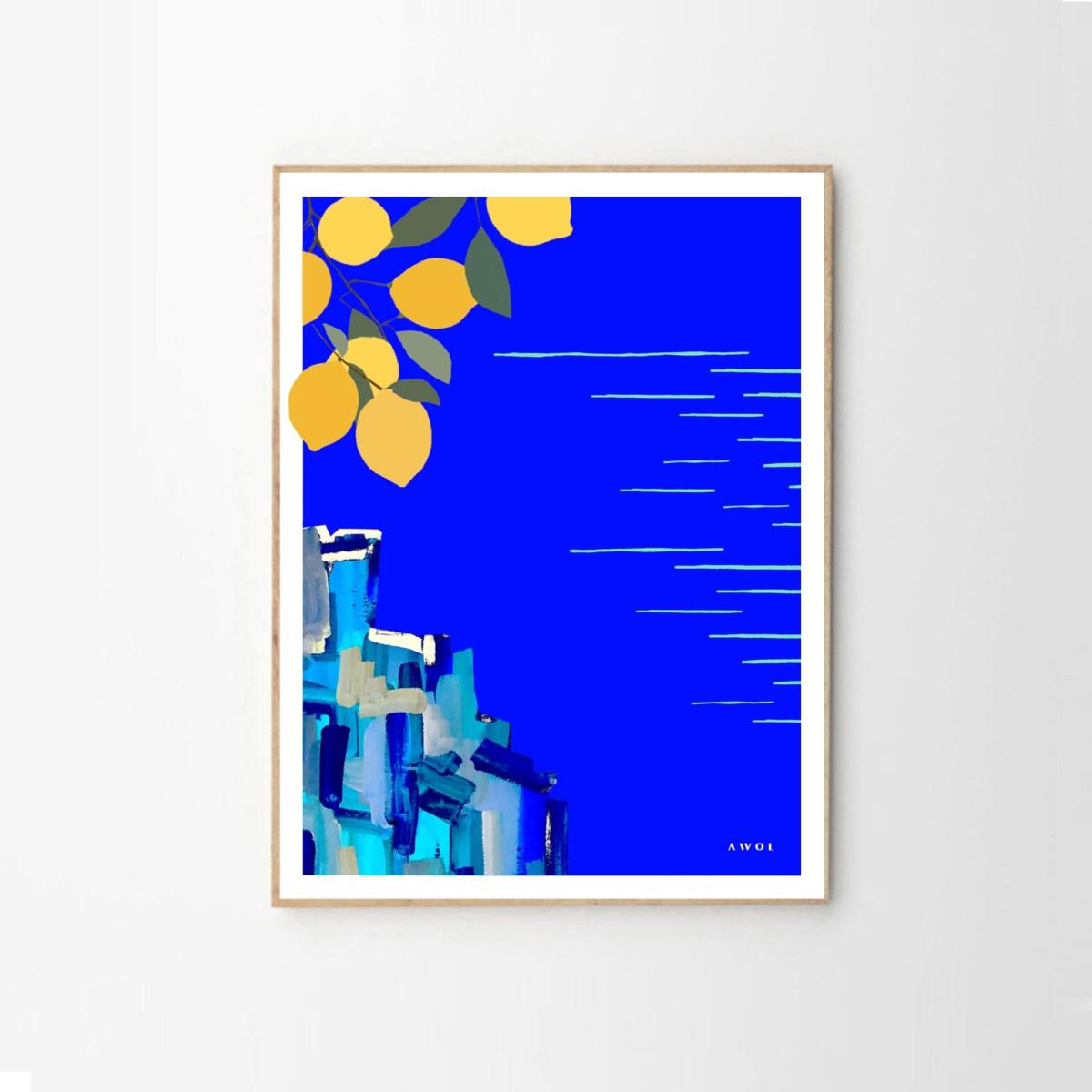White / Blue / Yellow The Amalfi Coast Travel Illustration: Sunshine And Lemons By The Seaside In Italy, Art Print Awol – image 2