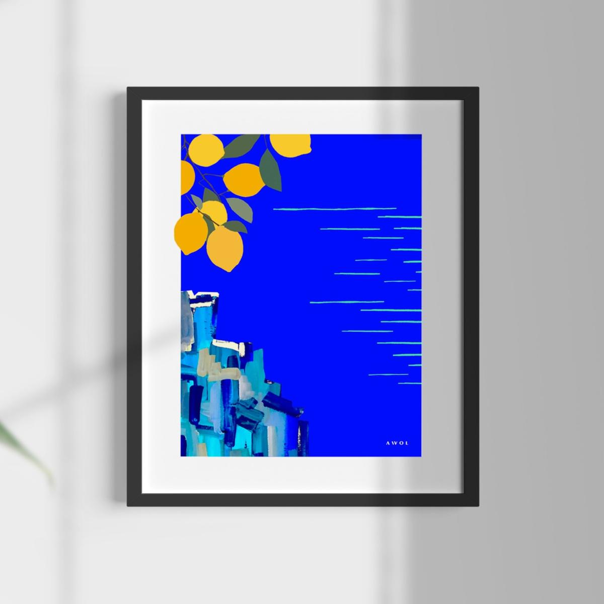 White / Blue / Yellow The Amalfi Coast Travel Illustration: Sunshine And Lemons By The Seaside In Italy, Art Print Awol – image 11