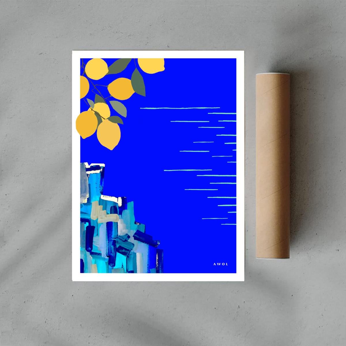 White / Blue / Yellow The Amalfi Coast Travel Illustration: Sunshine And Lemons By The Seaside In Italy, Art Print Awol – image 3