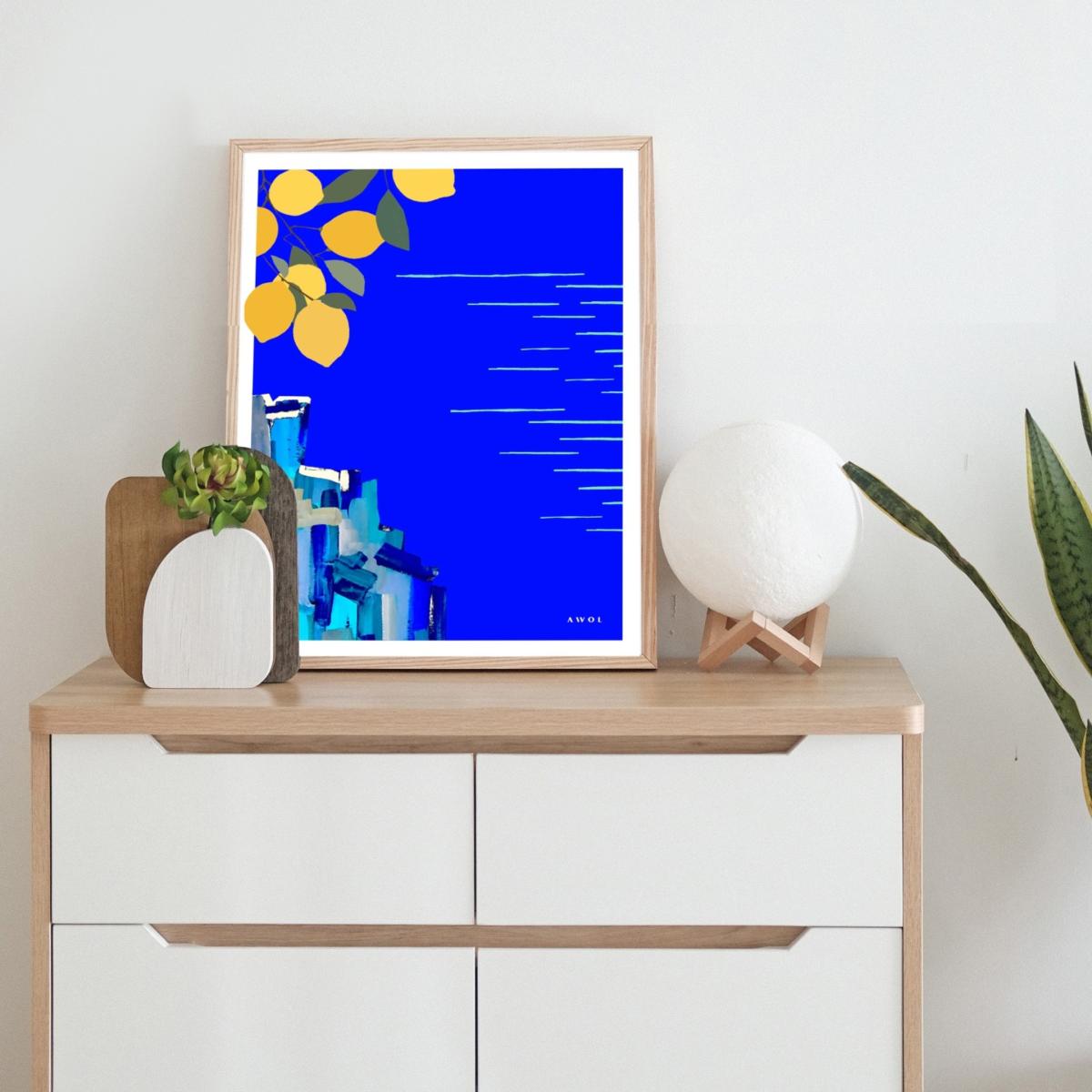White / Blue / Yellow The Amalfi Coast Travel Illustration: Sunshine And Lemons By The Seaside In Italy, Art Print Awol – image 8
