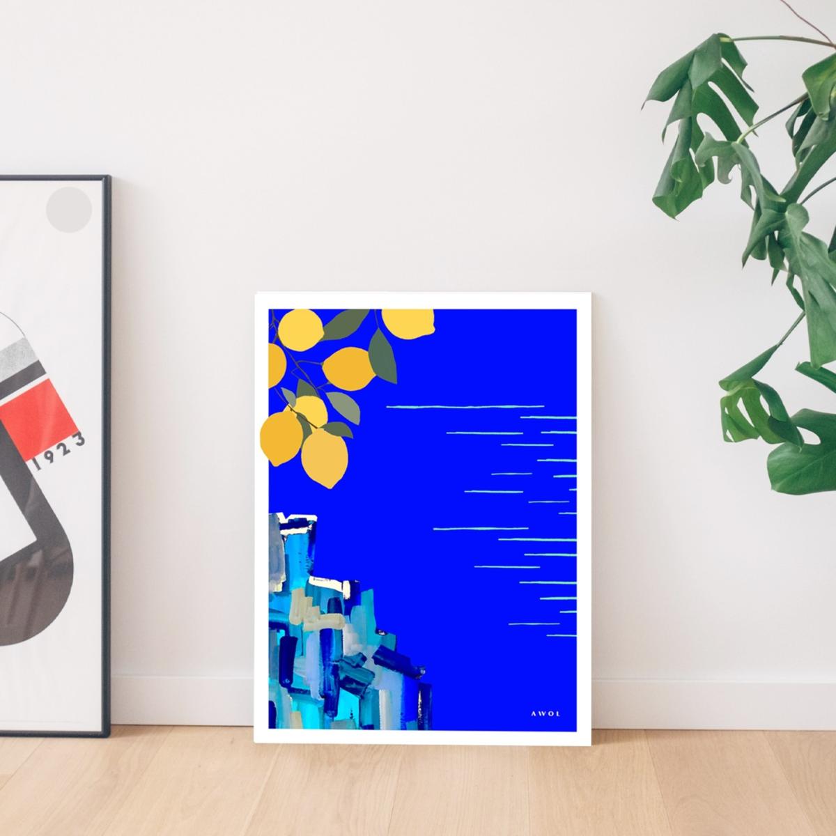 White / Blue / Yellow The Amalfi Coast Travel Illustration: Sunshine And Lemons By The Seaside In Italy, Art Print Awol – image 10