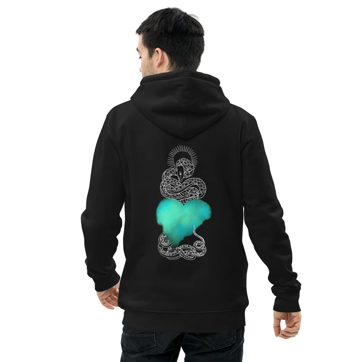 Black Blue Heart Eternal Love Snake Back Graphic Print Unisex Essential Eco Mystical Hoodie | Extra Large | Formula S7 – image 4