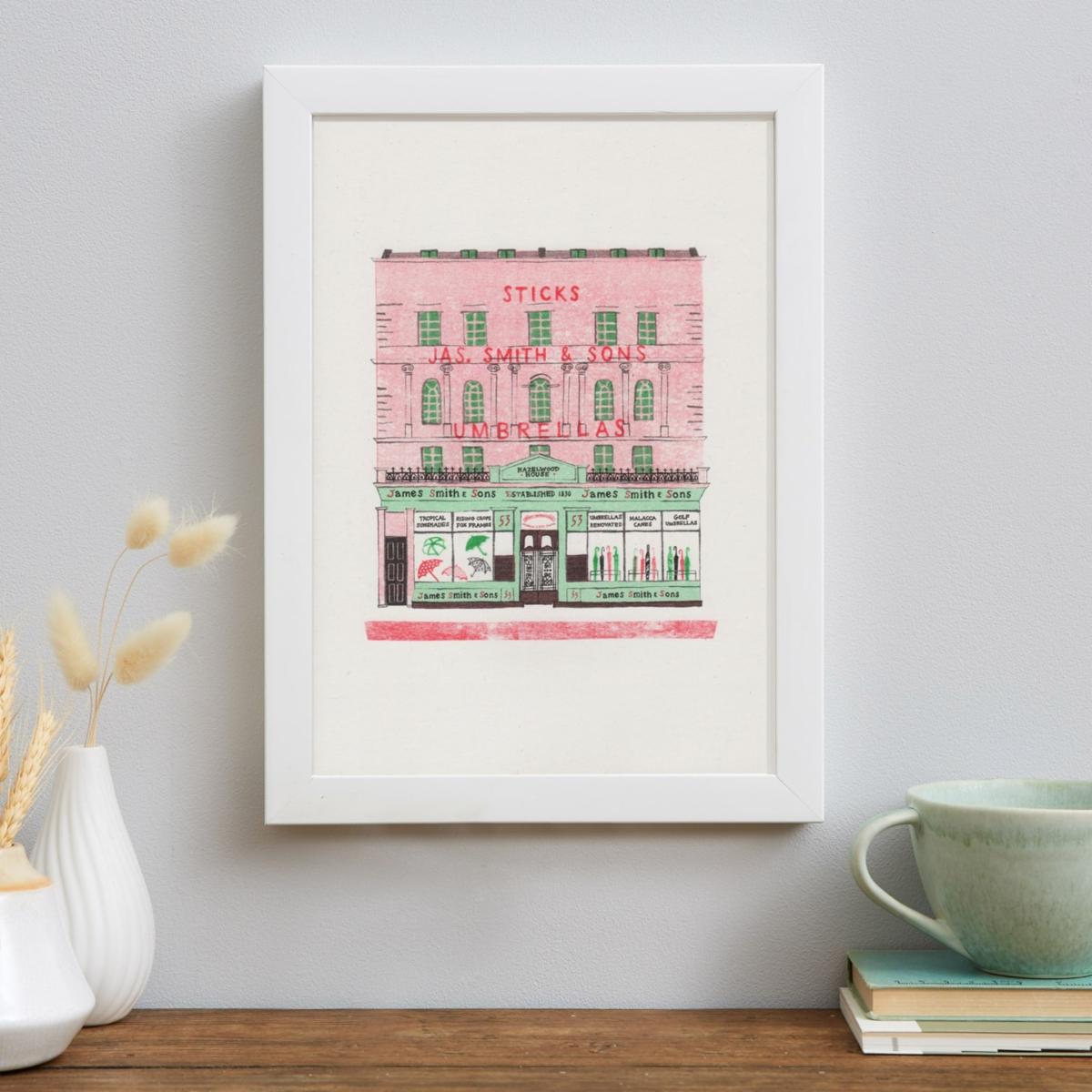 Green / Black / Red James Smith & Son Umbrella Shop Risograph Print Rosa & Clara Designs – image 2