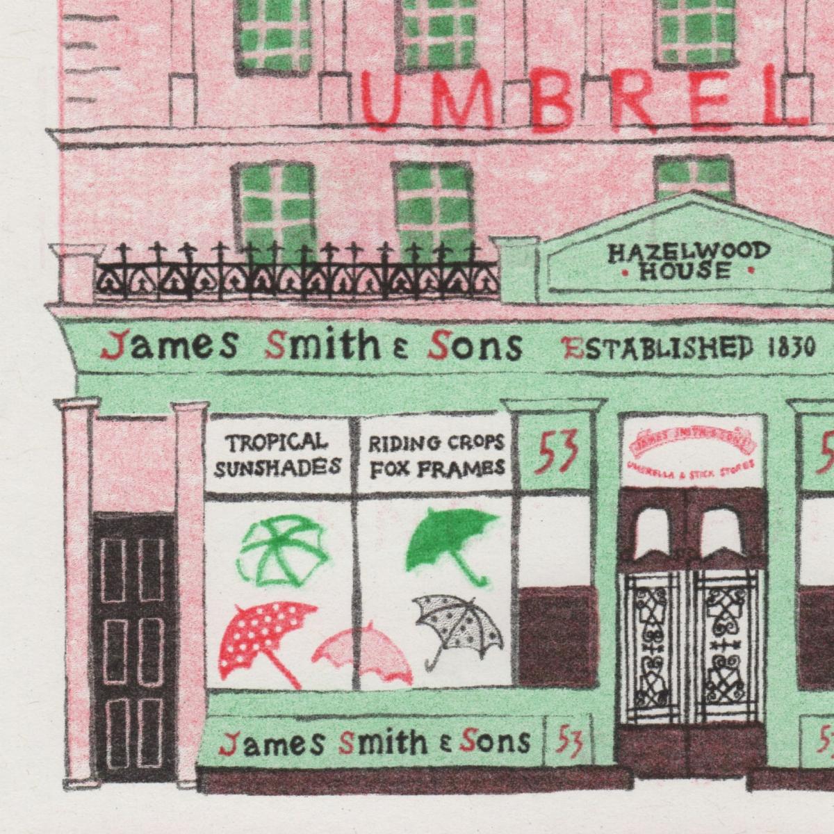 Green / Black / Red James Smith & Son Umbrella Shop Risograph Print Rosa & Clara Designs – image 3
