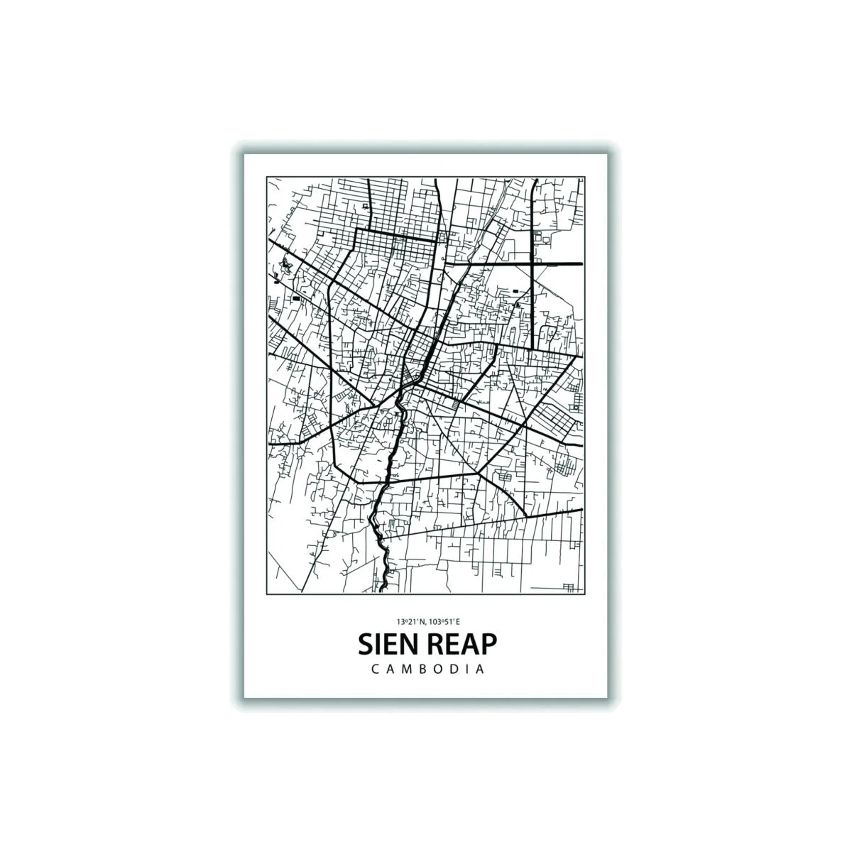 Black Map Of Sien Reap Cambodia A1 594 X 841Mm Stanley Print House – image 1