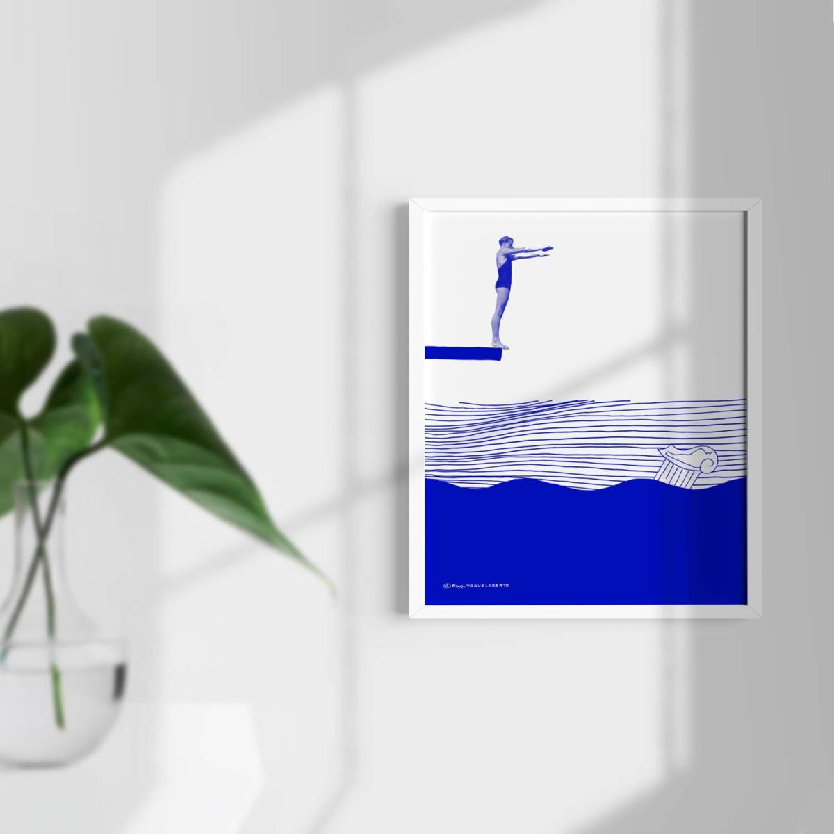 Blue / White Diving For Atlantis: Island Hopping, Nautical Art Print Awol – image 2