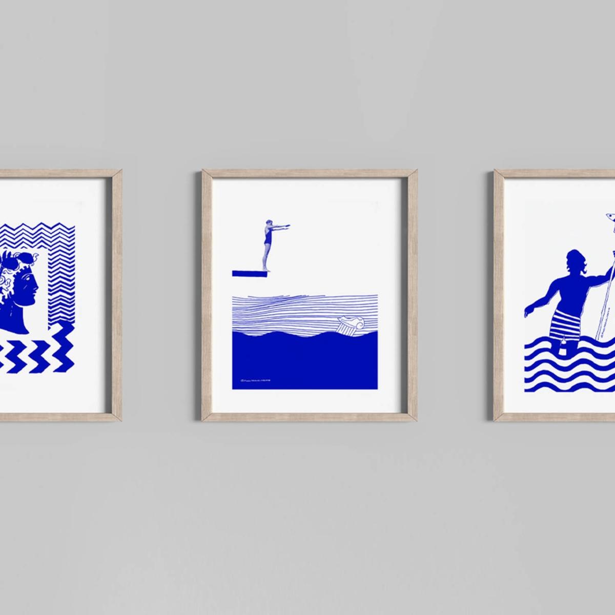 Blue / White Diving For Atlantis: Island Hopping, Nautical Art Print Awol – image 3