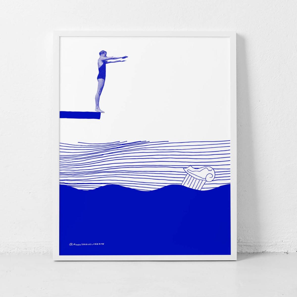 Blue / White Diving For Atlantis: Island Hopping, Nautical Art Print Awol – image 5