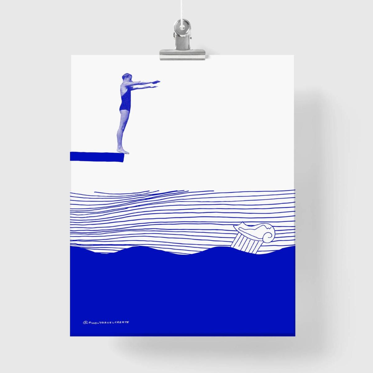 Blue / White Diving For Atlantis: Island Hopping, Nautical Art Print Awol – image 7