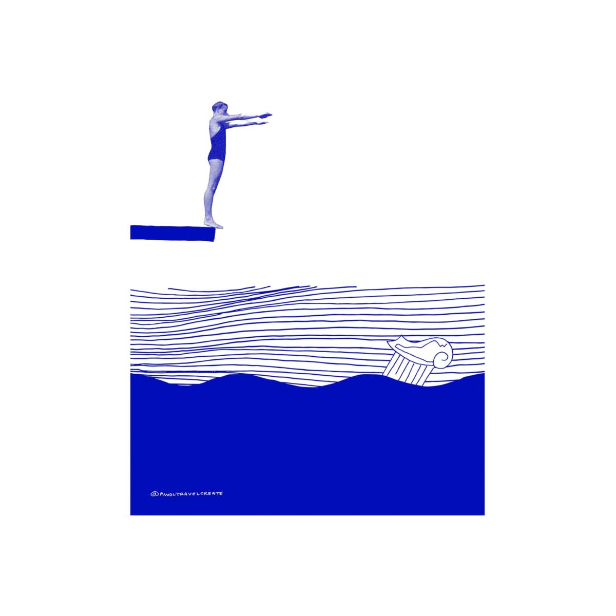 Blue / White Diving For Atlantis: Island Hopping, Nautical Art Print Awol – image 1
