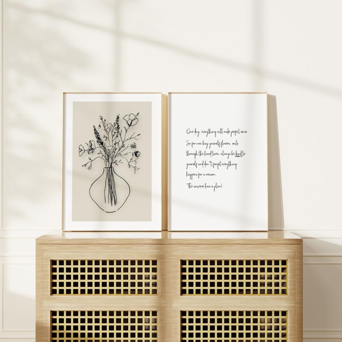 Black / Neutrals / White Wild Flowers Ink Drawing With Nude Background And Handwritten The Universe Has A Plan - Print Pair A3 297 X 420Mm Emily M Art & Design – image 2