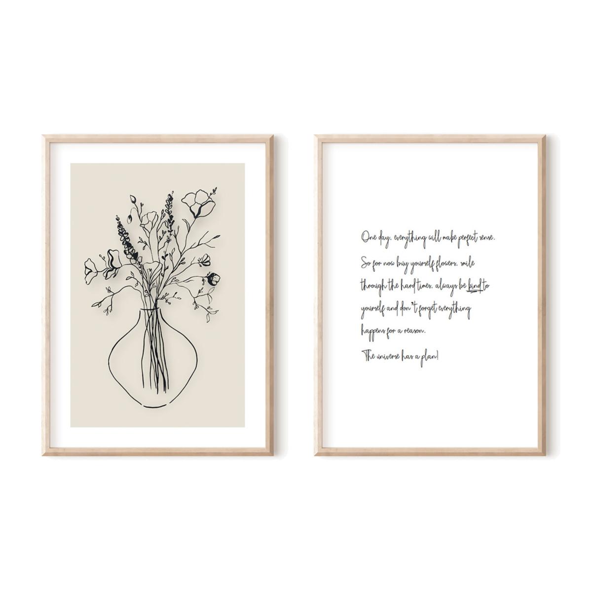Black / Neutrals / White Wild Flowers Ink Drawing With Nude Background And Handwritten The Universe Has A Plan - Print Pair A3 297 X 420Mm Emily M Art & Design – image 1