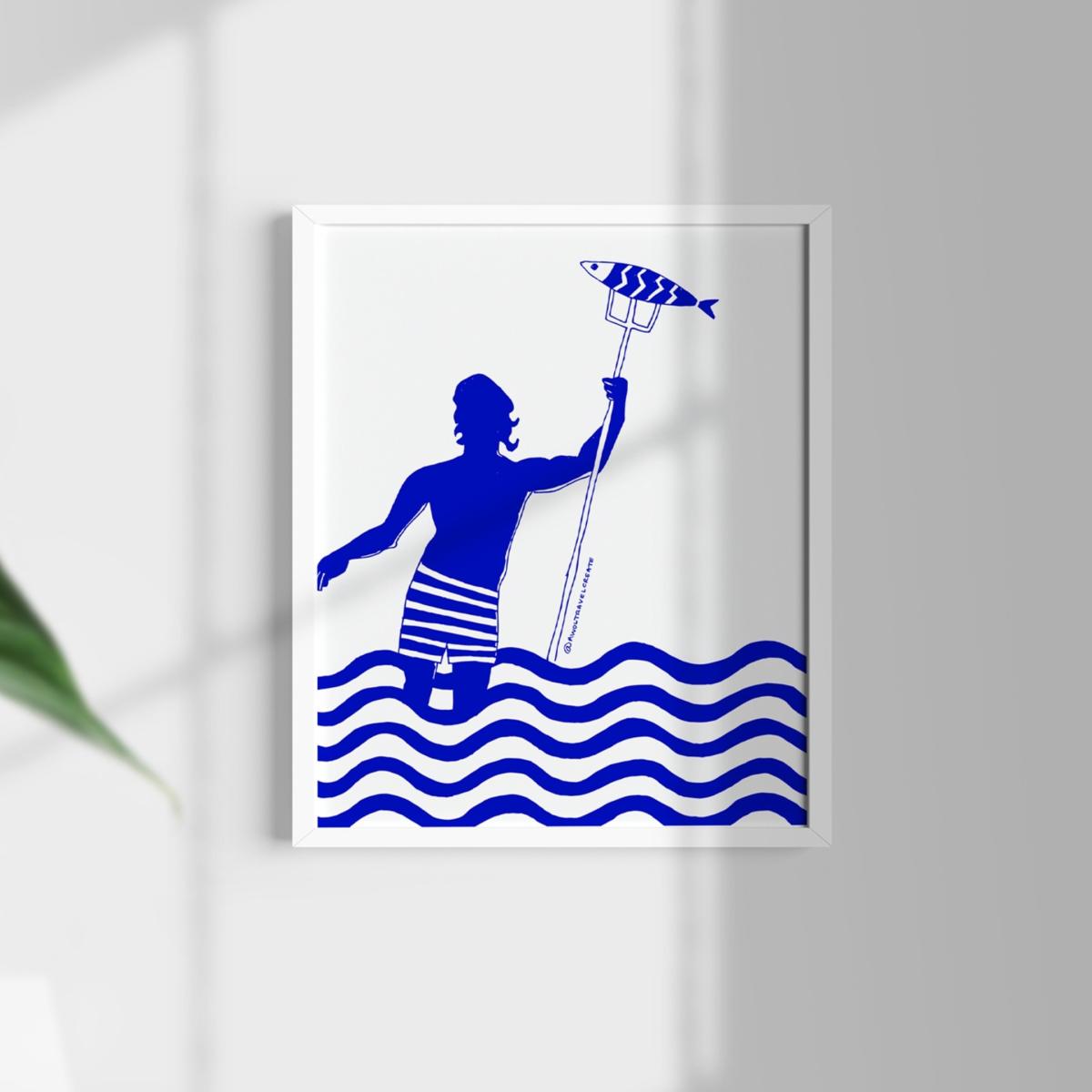Blue / White Greek God, Gone Fishing: Nautical Island Hopping Art Print Awol – image 2
