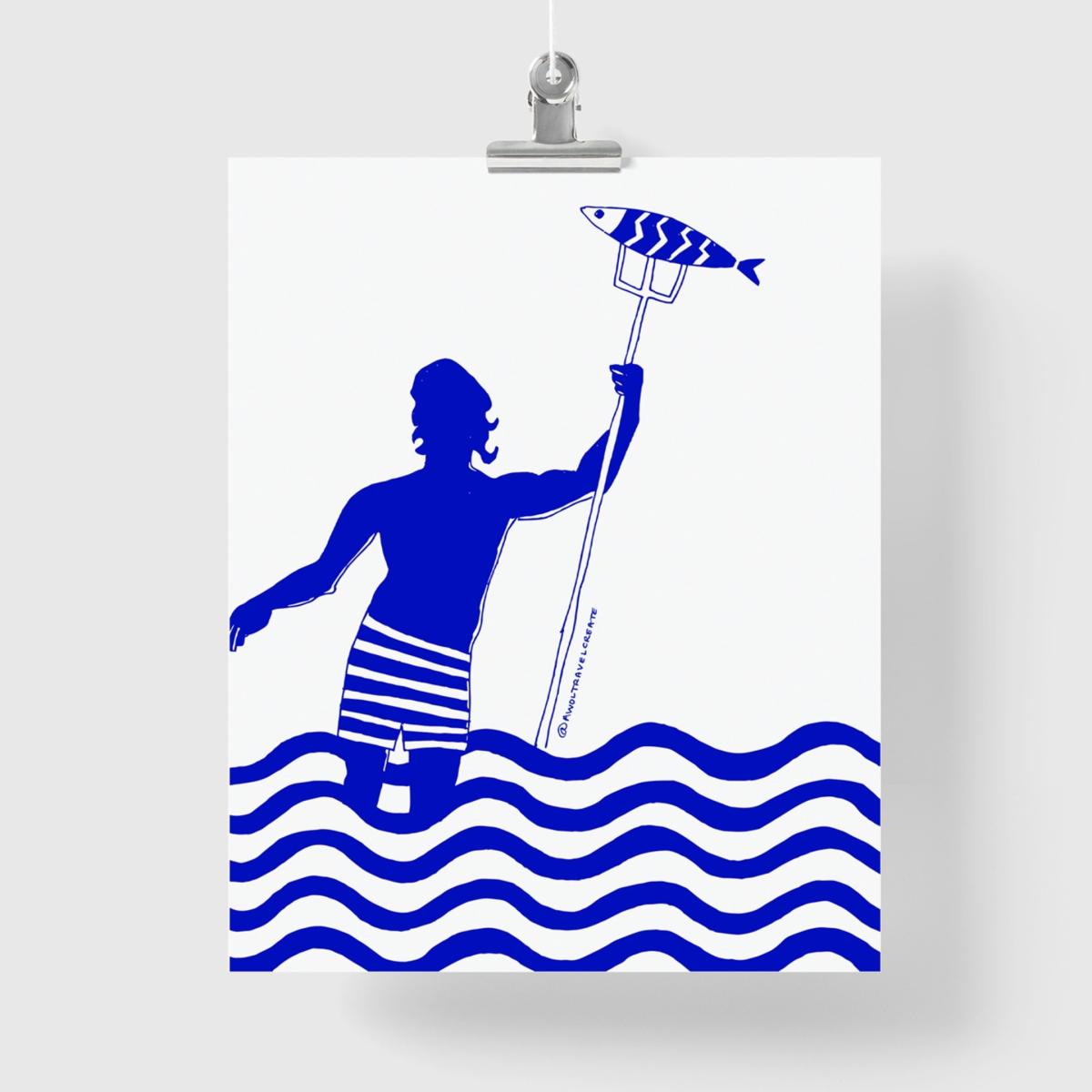 Blue / White Greek God, Gone Fishing: Nautical Island Hopping Art Print Awol – image 5