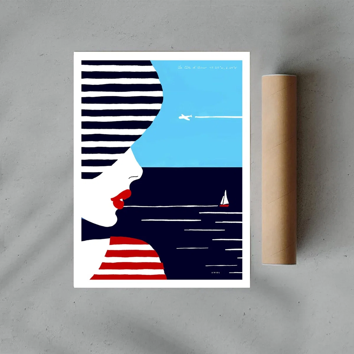 White / Black / Blue French Chic: Portrait Art Print With Stripes By The Beach In The South Of France Awol – image 4