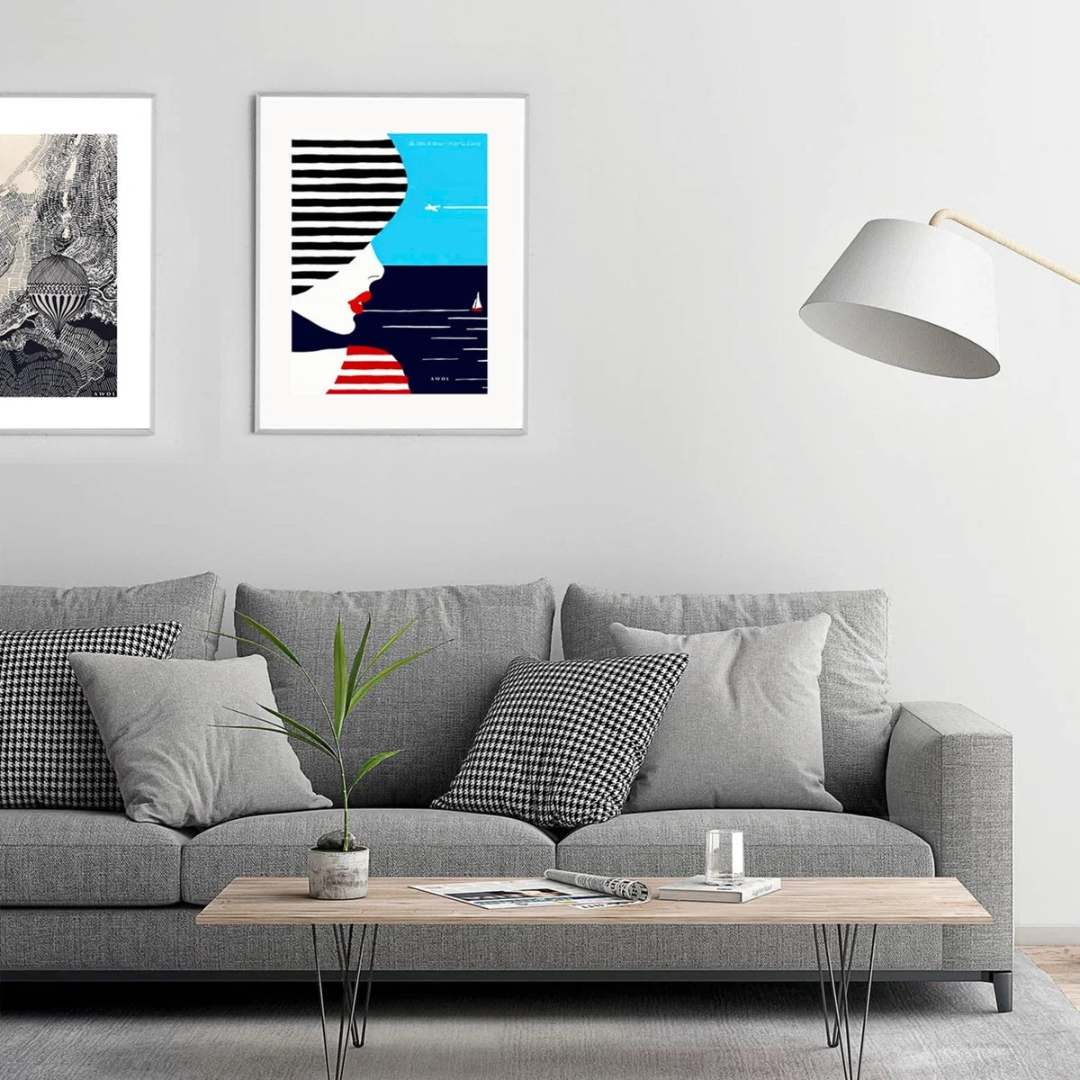 White / Black / Blue French Chic: Portrait Art Print With Stripes By The Beach In The South Of France Awol – image 8