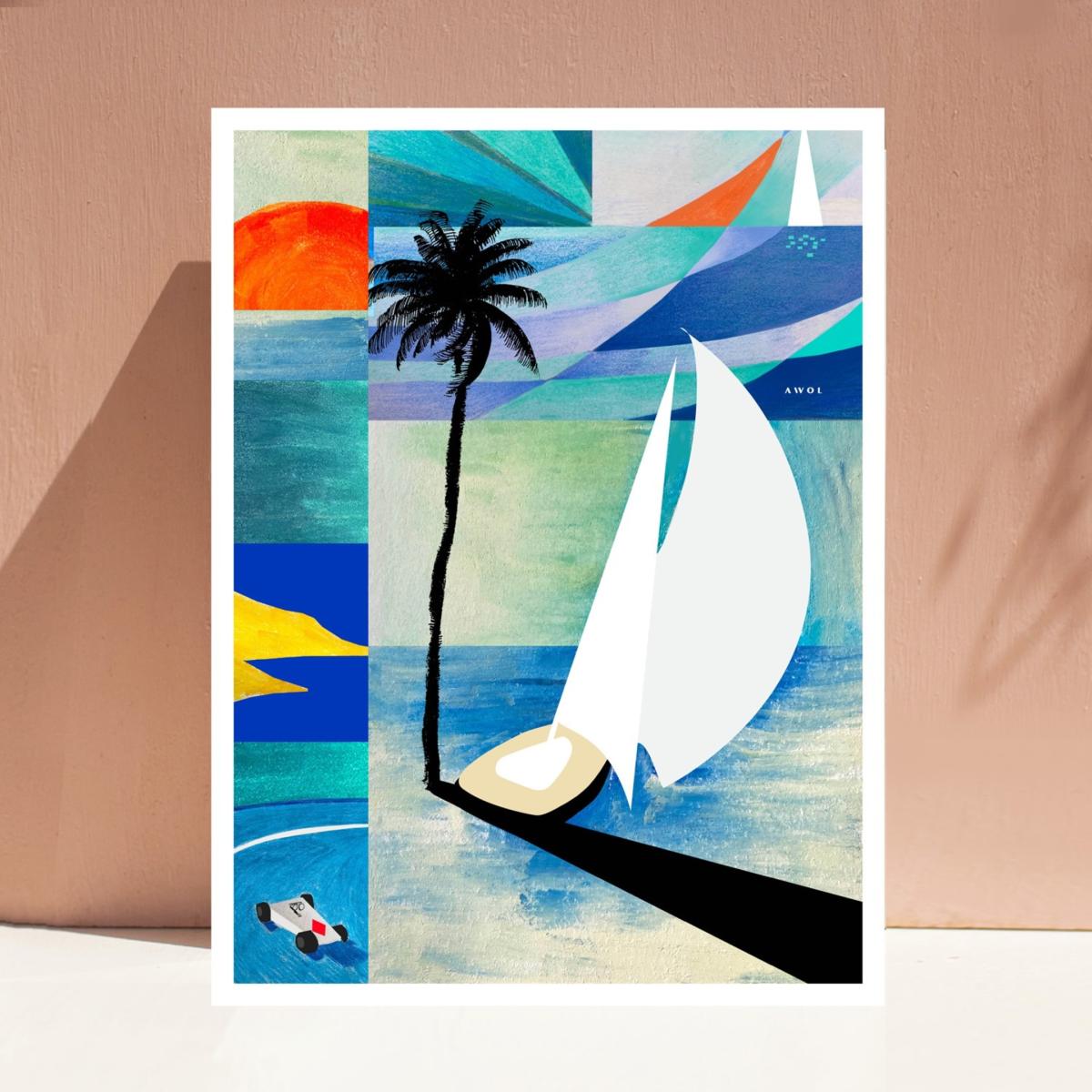 French Riviera Sunrise, Sailboats And Palm Trees Art Print Awol – image 2