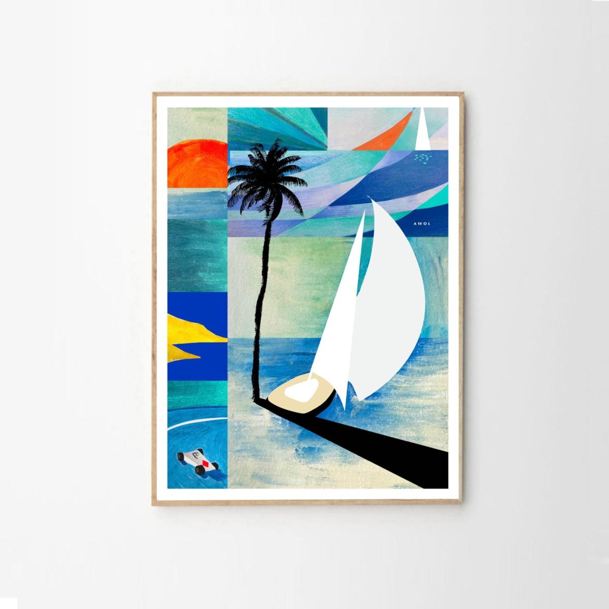 French Riviera Sunrise, Sailboats And Palm Trees Art Print Awol – image 3