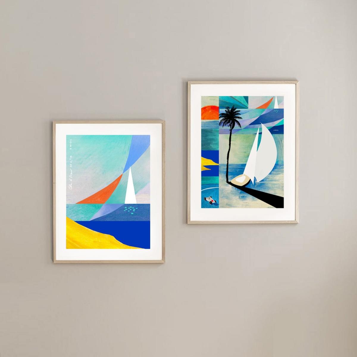 French Riviera Sunrise, Sailboats And Palm Trees Art Print Awol – image 6