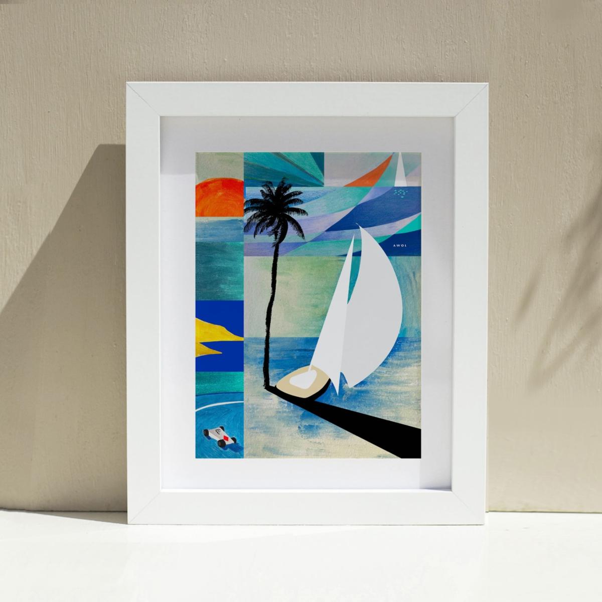 French Riviera Sunrise, Sailboats And Palm Trees Art Print Awol – image 7