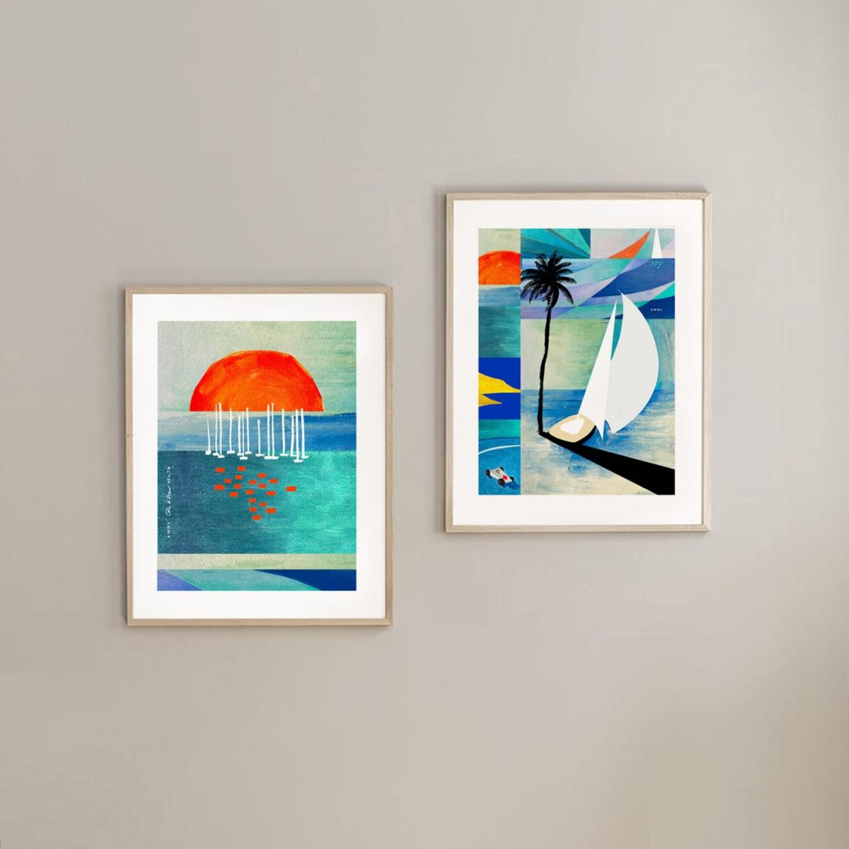 French Riviera Sunrise, Sailboats And Palm Trees Art Print Awol – image 9