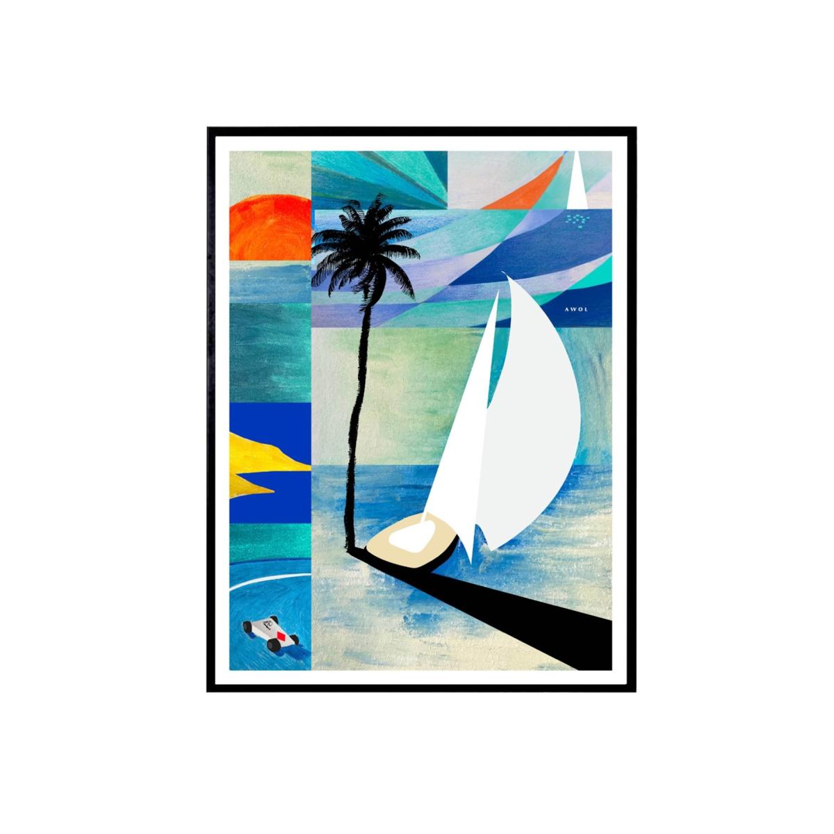 French Riviera Sunrise, Sailboats And Palm Trees Art Print Awol – image 10