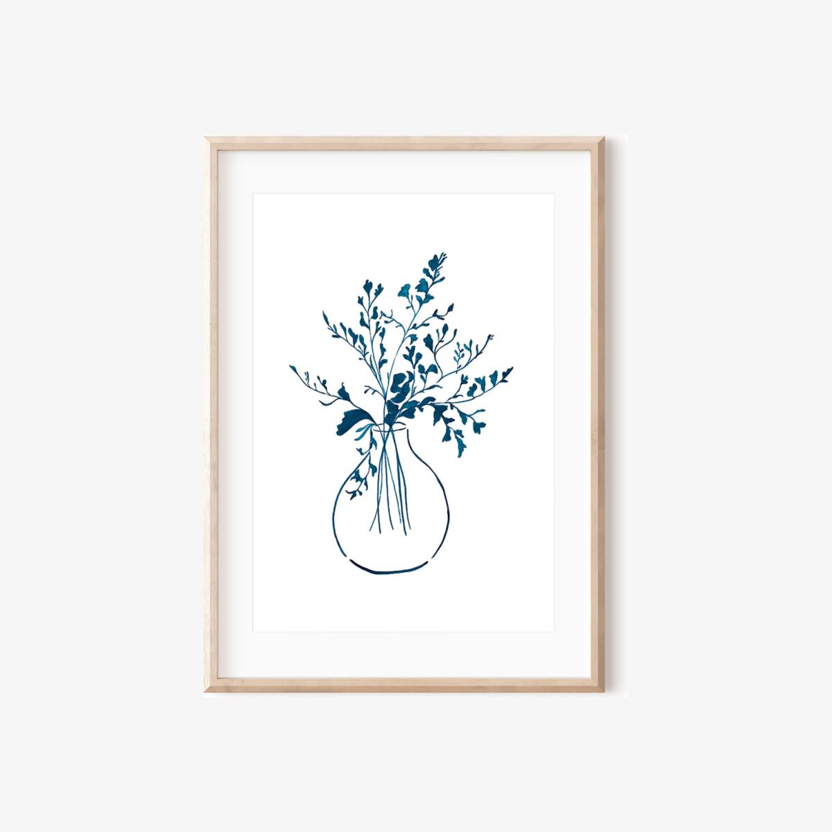 Blue / White Whimsical Greenery Indigo Ink Drawing Print A3 297 X 420Mm Emily M Art & Design – image 1