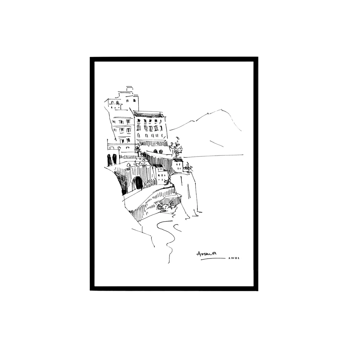 Black / White Amalfi Coast Art Print: Italian Landscape, Overlooking The Tyrrhenian Sea Awol – image 1