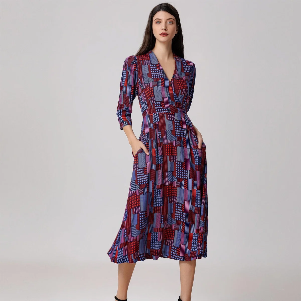 Women's Graphic Print V Neckline Midi Wrap Dress | Extra Large | Smart and Joy – image 2