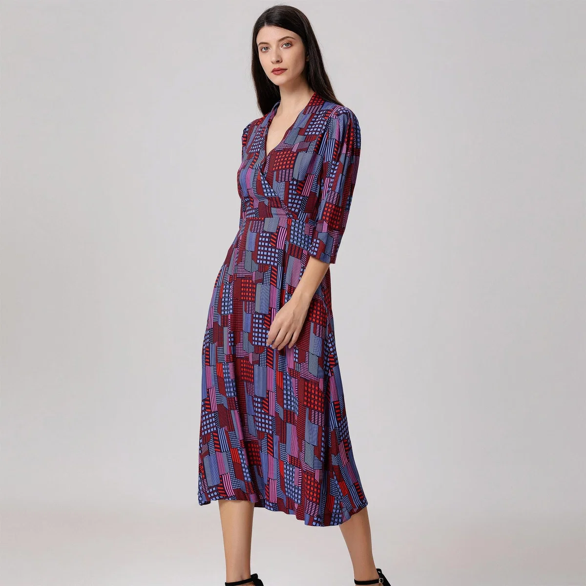 Women's Graphic Print V Neckline Midi Wrap Dress | Extra Large | Smart and Joy – image 3