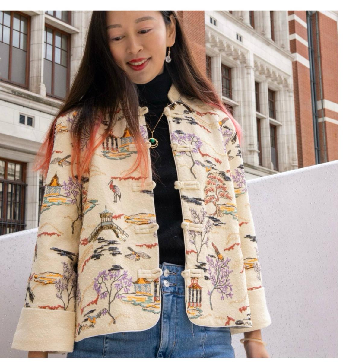 Women's Neutrals / White Embroidered Oriental Style Painting Stitching Short Coat All Seasons | Large | W.j.y. Studio – image 2