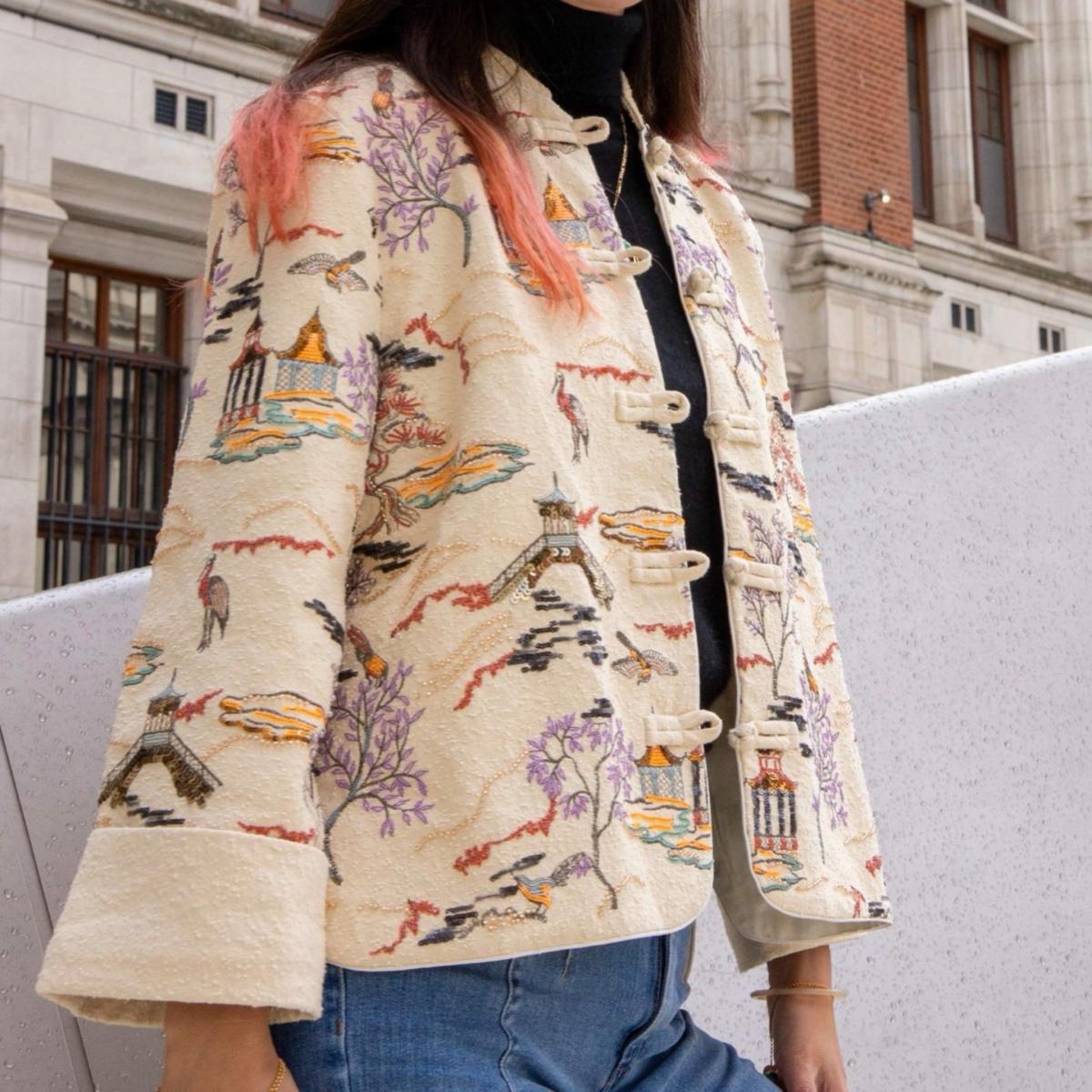 Women's Neutrals / White Embroidered Oriental Style Painting Stitching Short Coat All Seasons | Large | W.j.y. Studio – image 3
