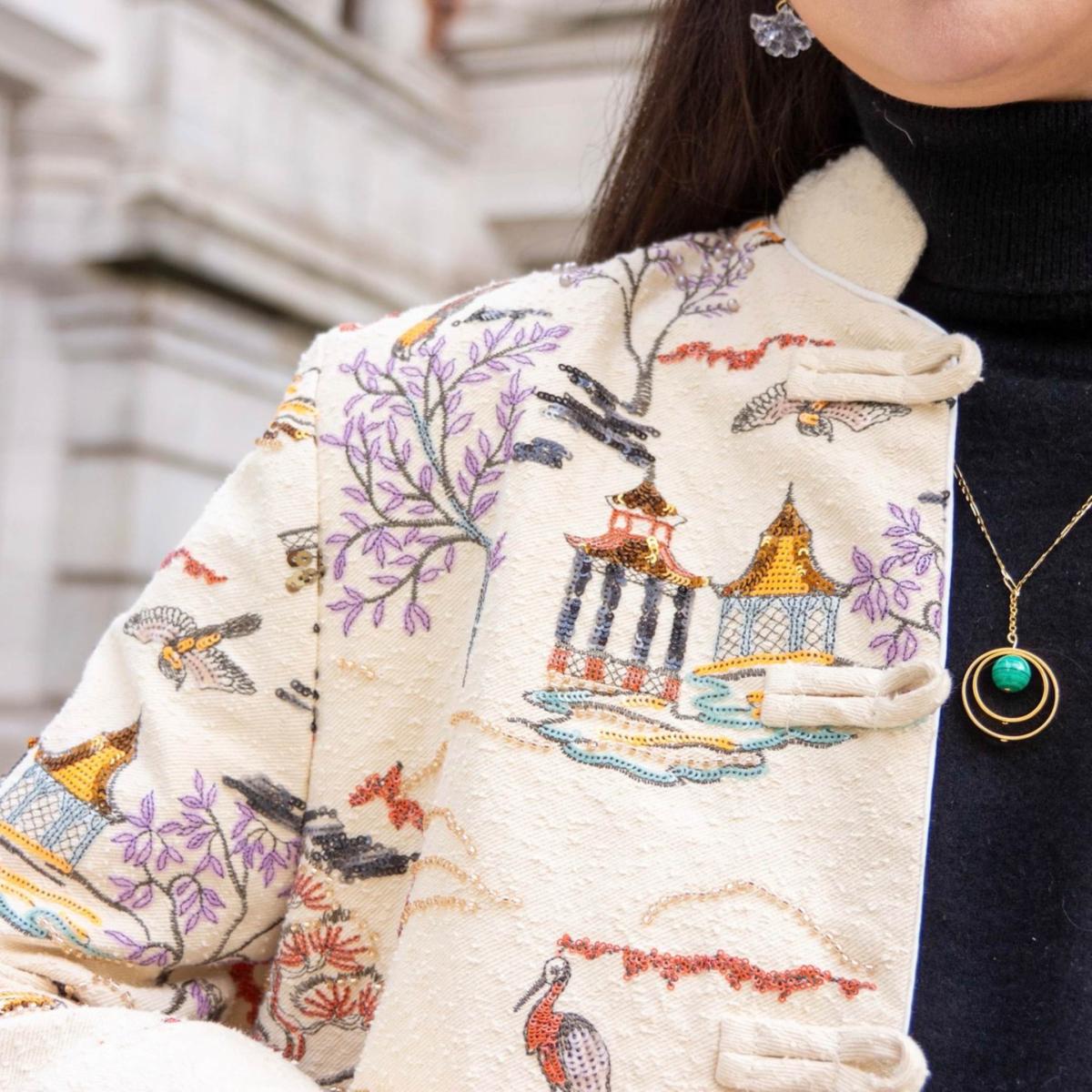 Women's Neutrals / White Embroidered Oriental Style Painting Stitching Short Coat All Seasons | Large | W.j.y. Studio – image 4