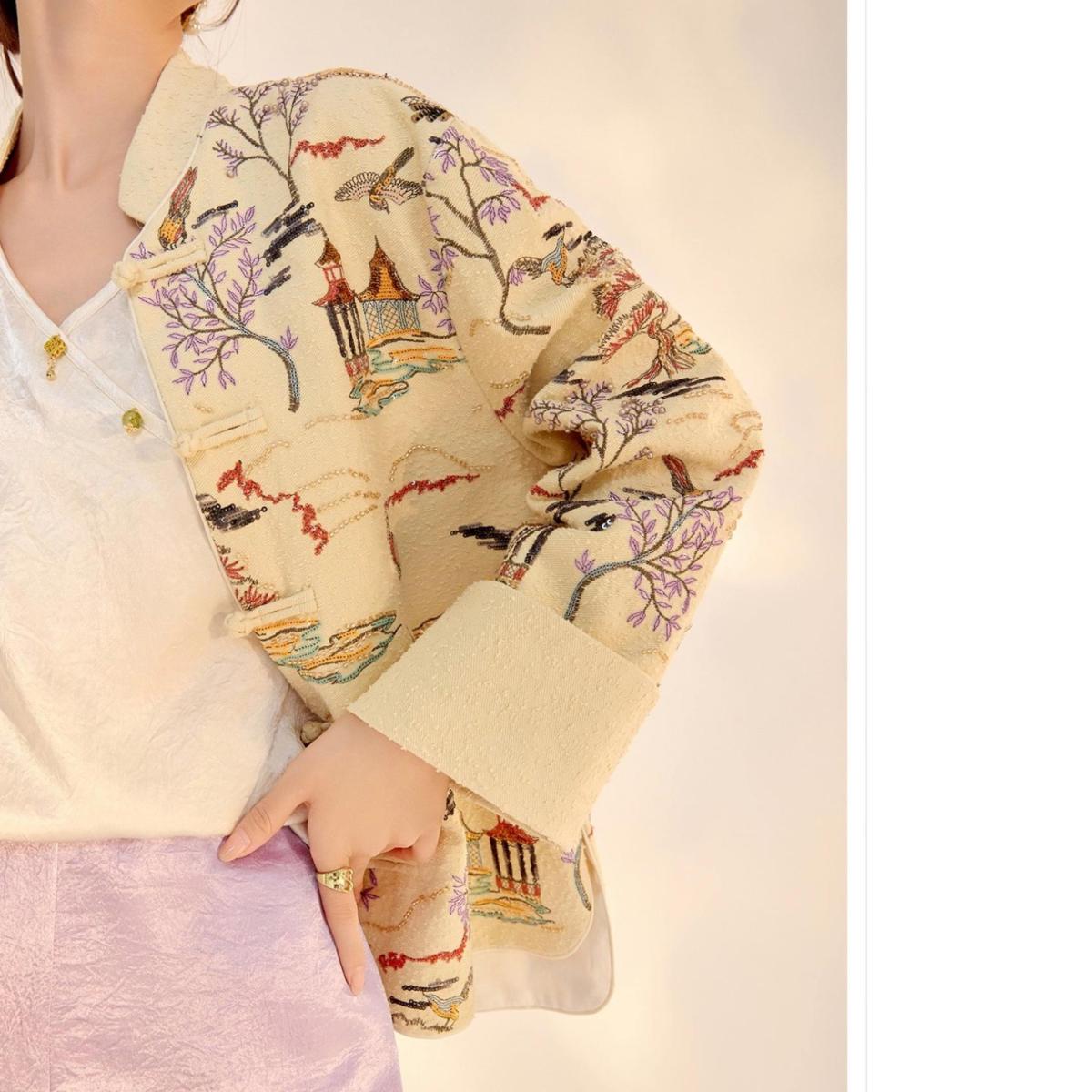 Women's Neutrals / White Embroidered Oriental Style Painting Stitching Short Coat All Seasons | Large | W.j.y. Studio – image 5