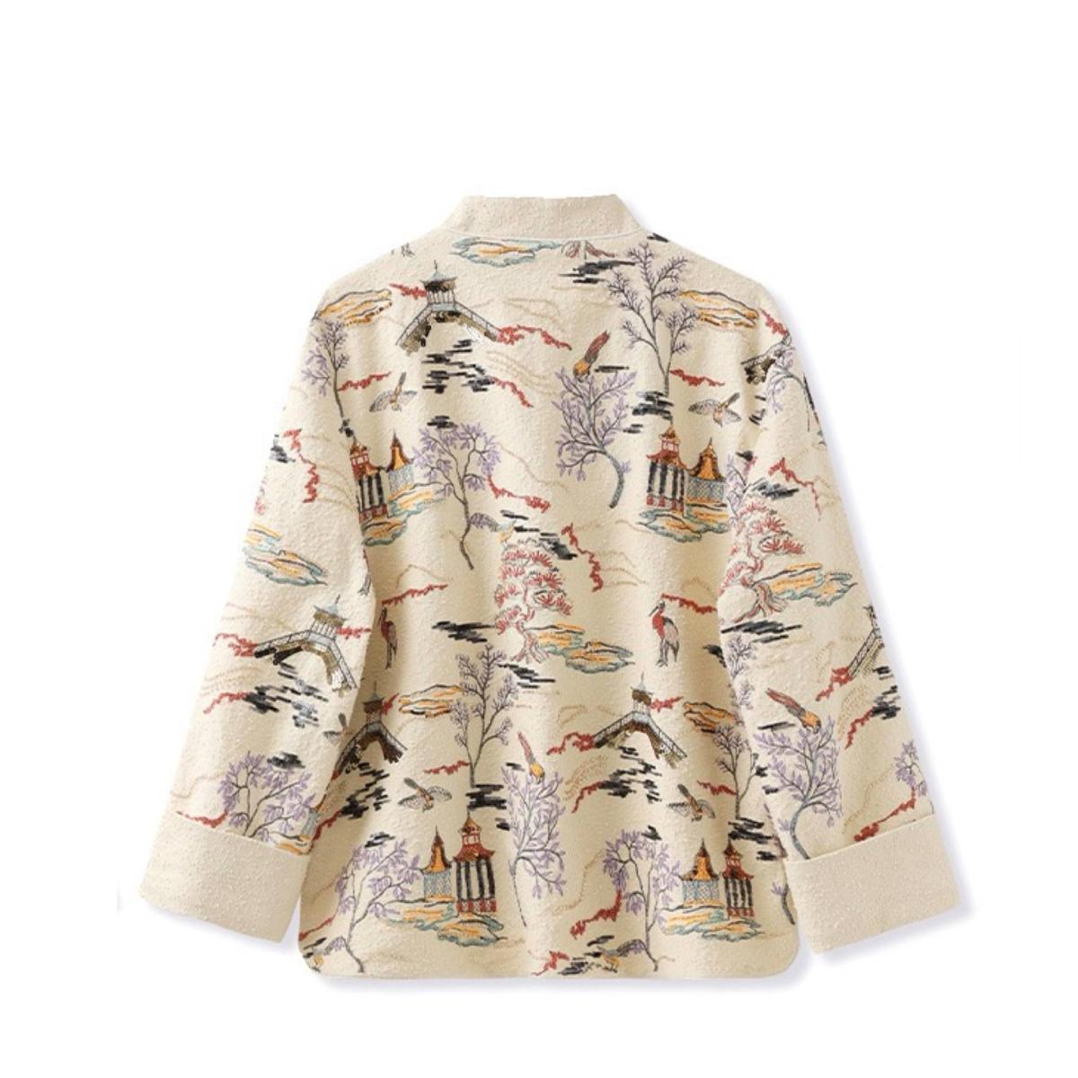 Women's Neutrals / White Embroidered Oriental Style Painting Stitching Short Coat All Seasons | Large | W.j.y. Studio – image 6