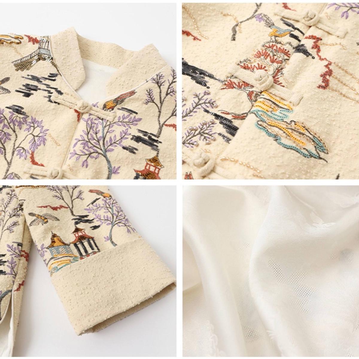 Women's Neutrals / White Embroidered Oriental Style Painting Stitching Short Coat All Seasons | Large | W.j.y. Studio – image 7