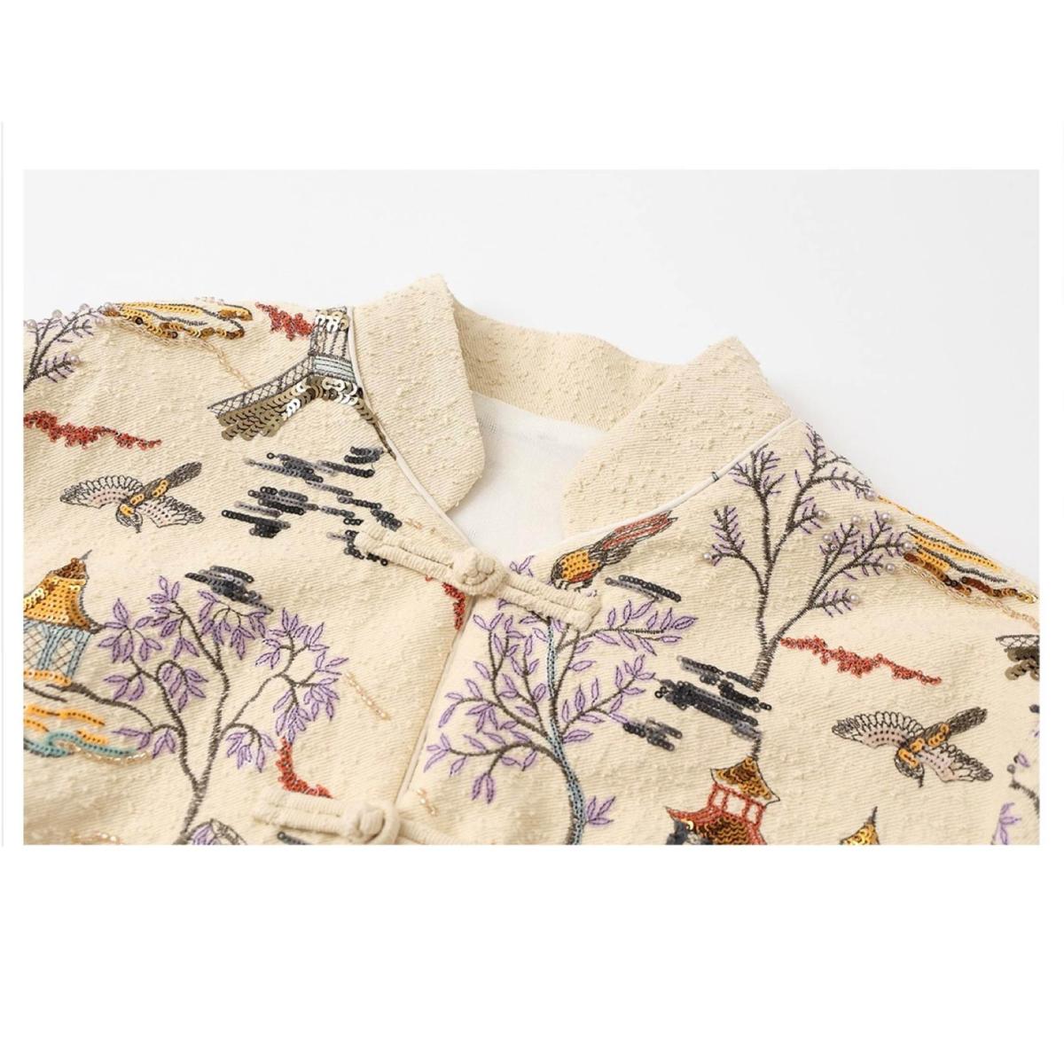 Women's Neutrals / White Embroidered Oriental Style Painting Stitching Short Coat All Seasons | Large | W.j.y. Studio – image 8
