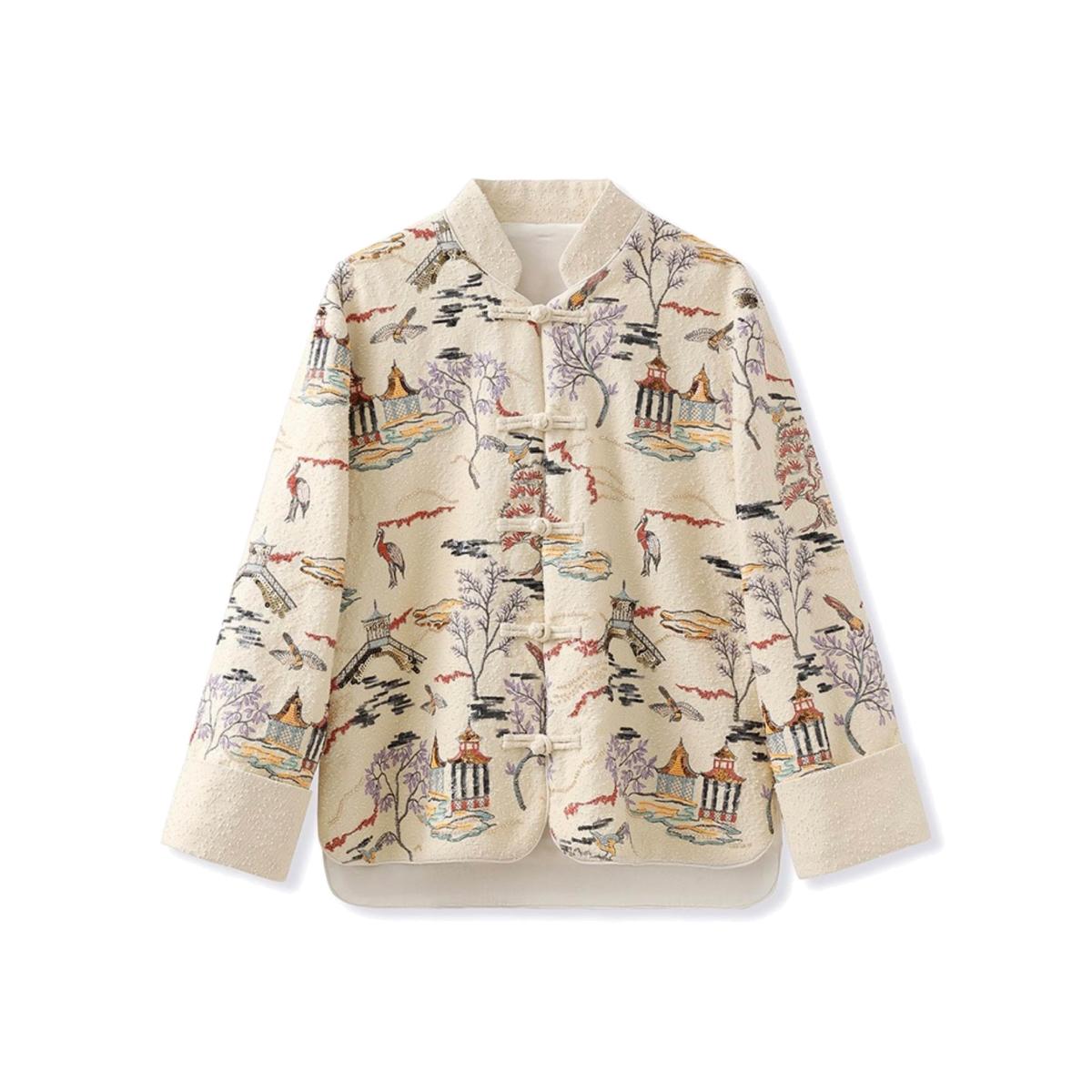 Women's Neutrals / White Embroidered Oriental Style Painting Stitching Short Coat All Seasons | Large | W.j.y. Studio – image 1