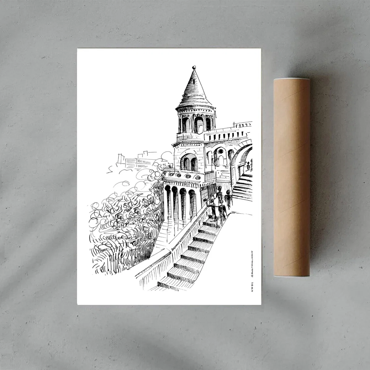 Black / White Budapest Castle Hand-Drawn Art Print - Capturing Hungary's Majestic Beauty Awol – image 4