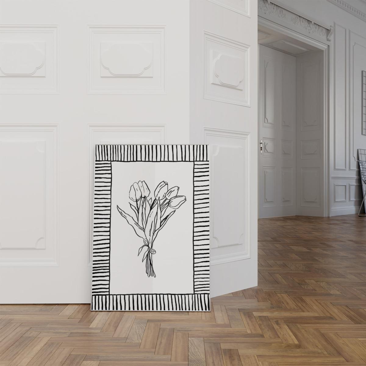 Black / White Spring Tulips With Stripe Border Edge Ink Drawing Print A3 297 X 420Mm Emily M Art & Design – image 3
