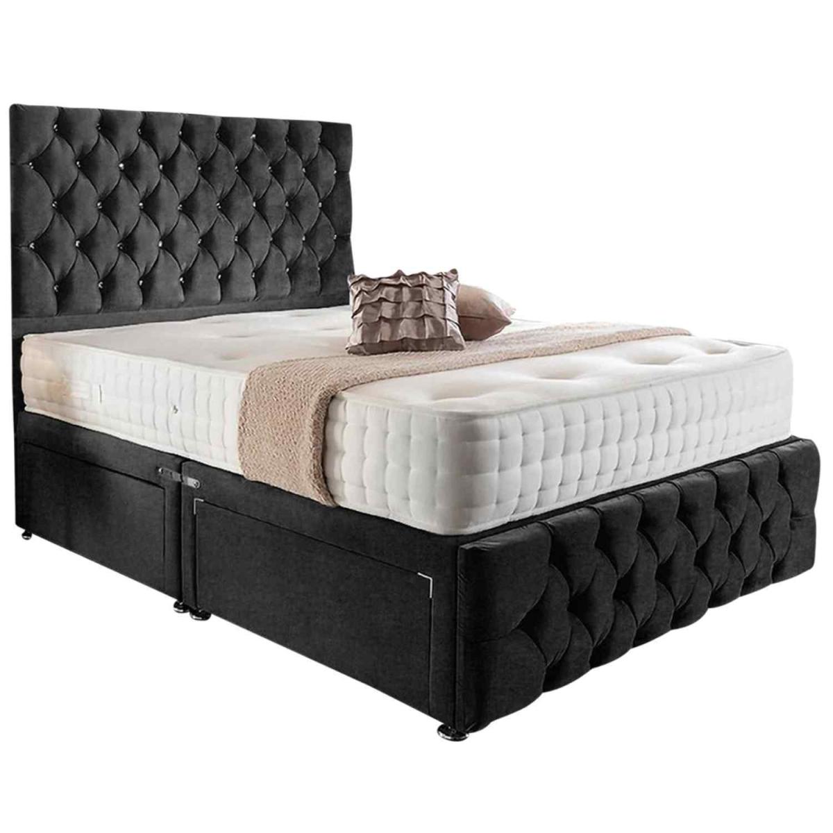 Merina Divan Bed with Tall Headboard Mattress-Chenille, 2 Drawers Left Side - Black / Superking / Super King – image 2