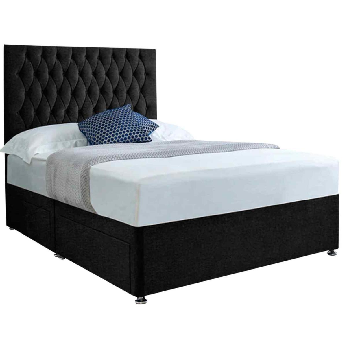Jemma Divan Bed Set with Headboard and Mattress - Chenille Fabric, Non Storage - Black / Superking – image 2