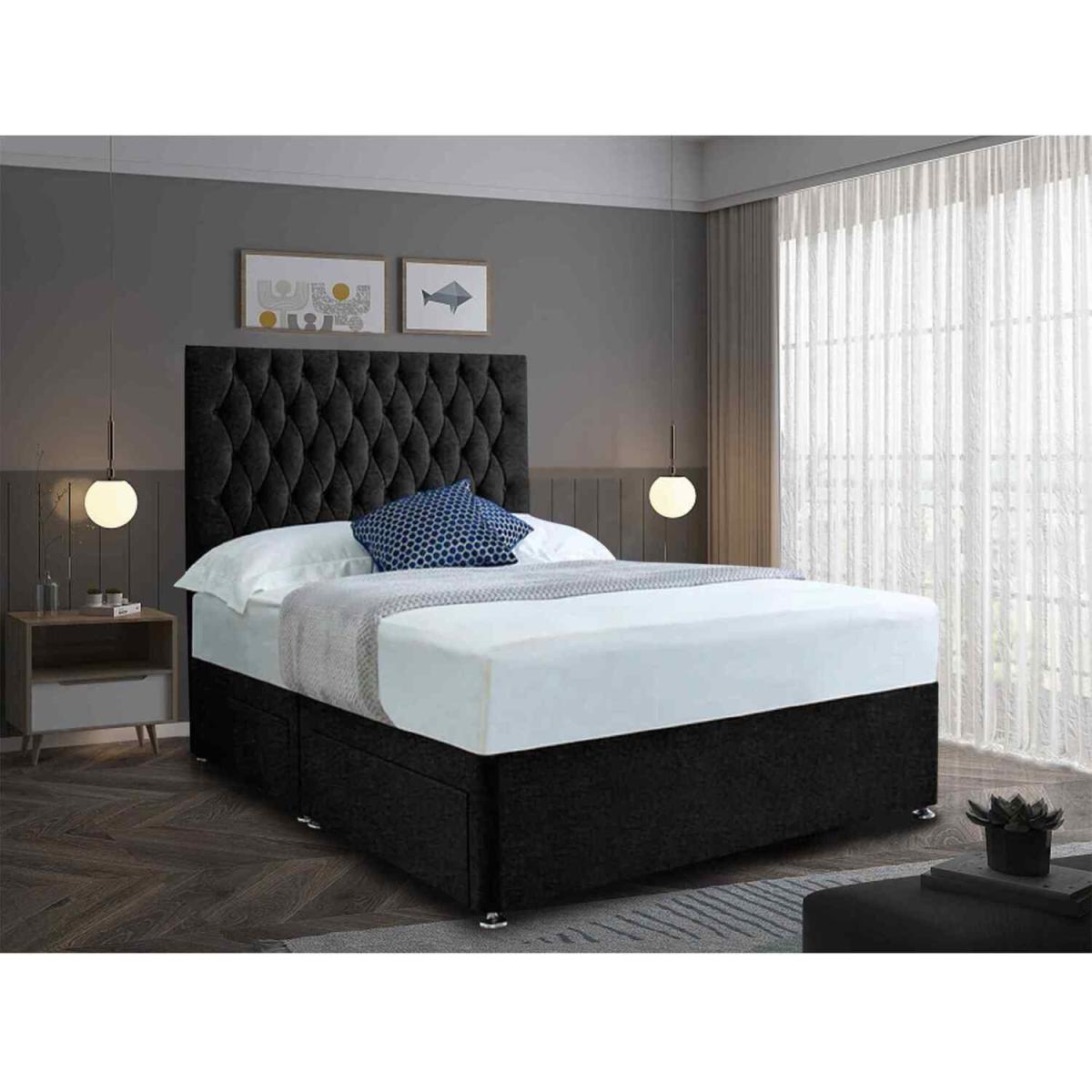 Jemma Divan Bed Set with Headboard and Mattress - Chenille Fabric, Non Storage - Black / Superking – image 3