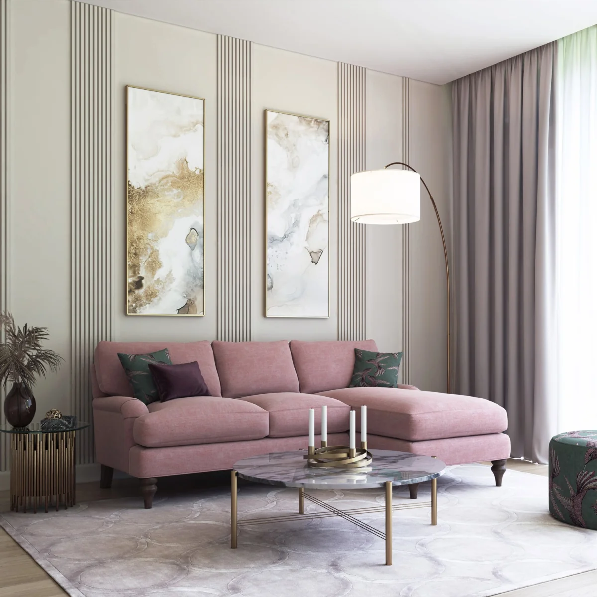 Jasmine Chaise Sofa, Right Hand Facing / Pink