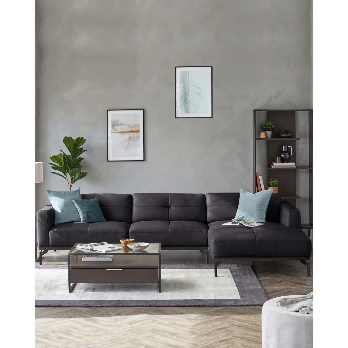Colton black leather right hand corner chaise sofa – image 2