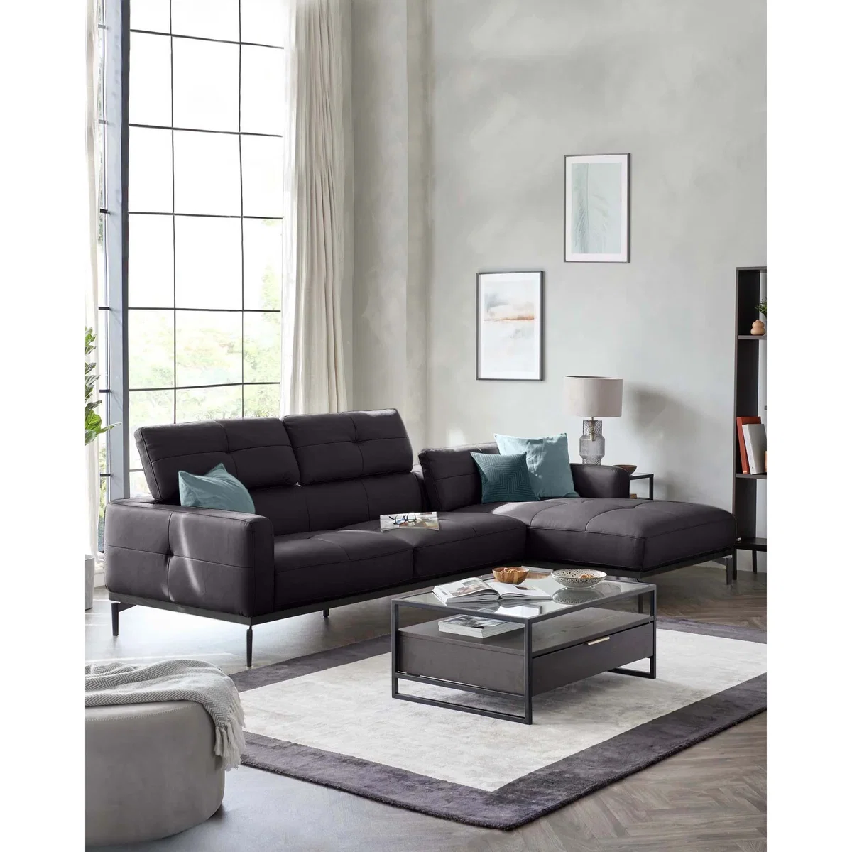 Colton black leather right hand corner chaise sofa – image 3